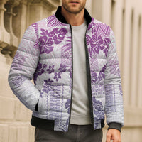 Vintage Hawaii Bomber Puffer Jacket Hibiscus Tapa Tribal With Hawaiian Quilt Pattern Violet - Polynesian Pride