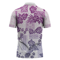Vintage Hawaii Zipper Polo Shirt Hibiscus Tapa Tribal With Hawaiian Quilt Pattern Violet - Polynesian Pride