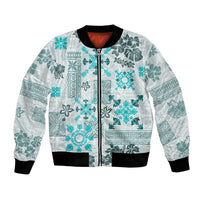 Hawaii Tapa Tribal Bomber Jacket With Hawaiian Quilt Pattern Aqua LT9 Unisex Aqua - Polynesian Pride