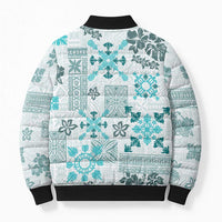 Hawaii Tapa Tribal Bomber Puffer Jacket With Hawaiian Quilt Pattern Aqua - Polynesian Pride