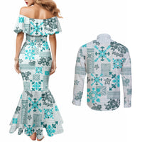 Hawaii Tapa Tribal Couples Matching Mermaid Dress and Long Sleeve Button Shirt With Hawaiian Quilt Pattern Aqua LT9 - Polynesian Pride