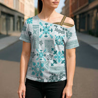 Hawaii Tapa Tribal Cross Shoulder Shirt With Hawaiian Quilt Pattern Aqua - Polynesian Pride