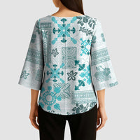 Hawaii Tapa Tribal Kimono Sleeve Blouse With Hawaiian Quilt Pattern Aqua - Polynesian Pride