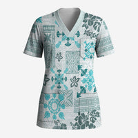 Hawaii Tapa Tribal Scrub Top With Hawaiian Quilt Pattern Aqua LT9 Adult Aqua - Polynesian Pride