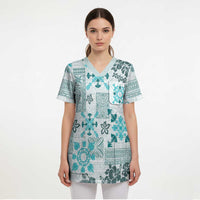 Hawaii Tapa Tribal Scrub Top With Hawaiian Quilt Pattern Aqua LT9 - Polynesian Pride