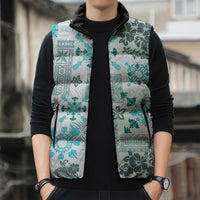 Hawaii Tapa Tribal Sleeveless Puffer Jacket With Hawaiian Quilt Pattern Aqua - Polynesian Pride