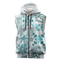 Hawaii Tapa Tribal Sleeveless Zip Hoodie With Hawaiian Quilt Pattern Aqua LT9 Aqua - Polynesian Pride