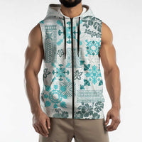 Hawaii Tapa Tribal Sleeveless Zip Hoodie With Hawaiian Quilt Pattern Aqua LT9 - Polynesian Pride