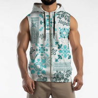 Hawaii Tapa Tribal Sleeveless Zip Hoodie With Hawaiian Quilt Pattern Aqua - Polynesian Pride