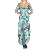 Hawaii Tapa Tribal Summer Maxi Dress With Hawaiian Quilt Pattern Aqua LT9 - Polynesian Pride