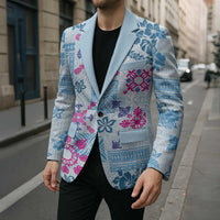 Hawaii Tapa Tribal Blazer With Hawaiian Quilt Pattern Blue - Polynesian Pride