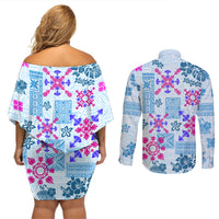 Hawaii Tapa Tribal Couples Matching Off Shoulder Short Dress and Long Sleeve Button Shirt With Hawaiian Quilt Pattern Blue LT9 - Polynesian Pride