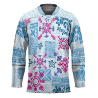 Hawaii Tapa Tribal Hockey Jersey With Hawaiian Quilt Pattern Blue - Polynesian Pride