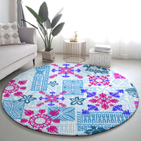 Hawaii Tapa Tribal Round Carpet With Hawaiian Quilt Pattern Blue LT9 - Polynesian Pride
