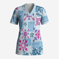 Hawaii Tapa Tribal Scrub Top With Hawaiian Quilt Pattern Blue LT9 Adult Blue - Polynesian Pride