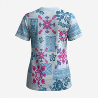Hawaii Tapa Tribal Scrub Top With Hawaiian Quilt Pattern Blue LT9 - Polynesian Pride