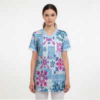 Hawaii Tapa Tribal Scrub Top With Hawaiian Quilt Pattern Blue LT9 - Polynesian Pride