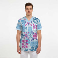 Hawaii Tapa Tribal Scrub Top With Hawaiian Quilt Pattern Blue LT9 - Polynesian Pride