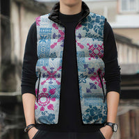 Hawaii Tapa Tribal Sleeveless Puffer Jacket With Hawaiian Quilt Pattern Blue - Polynesian Pride