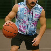 Hawaii Tapa Tribal Sleeveless Zip Hoodie With Hawaiian Quilt Pattern Blue LT9 - Polynesian Pride