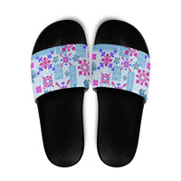 Hawaii Tapa Tribal Slide Sandals With Hawaiian Quilt Pattern Blue - Polynesian Pride