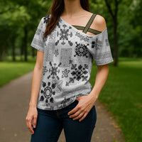 Hawaii Tapa Tribal Cross Shoulder Shirt With Hawaiian Quilt Pattern Black - Polynesian Pride