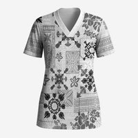 Hawaii Tapa Tribal Scrub Top With Hawaiian Quilt Pattern Black LT9 Adult Black - Polynesian Pride