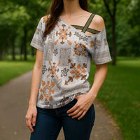 Hawaii Tapa Tribal Cross Shoulder Shirt With Hawaiian Quilt Pattern Gold LT9 - Polynesian Pride