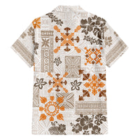 Hawaii Tapa Tribal Family Matching Off Shoulder Short Dress and Hawaiian Shirt With Hawaiian Quilt Pattern Gold LT9 - Polynesian Pride