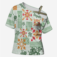 Hawaii Tapa Tribal Cross Shoulder Shirt With Hawaiian Quilt Pattern Green LT9 Female Green - Polynesian Pride