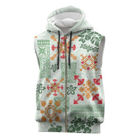 Hawaii Tapa Tribal Sleeveless Zip Hoodie With Hawaiian Quilt Pattern Green - Polynesian Pride