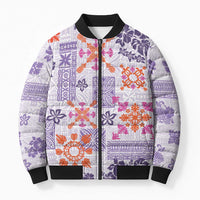 Hawaii Tapa Tribal Bomber Puffer Jacket With Hawaiian Quilt Pattern Violet - Polynesian Pride