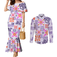 Hawaii Tapa Tribal Couples Matching Mermaid Dress and Long Sleeve Button Shirt With Hawaiian Quilt Pattern Violet LT9 Violet - Polynesian Pride