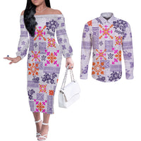 Hawaii Tapa Tribal Couples Matching Off The Shoulder Long Sleeve Dress and Long Sleeve Button Shirt With Hawaiian Quilt Pattern Violet LT9 Violet - Polynesian Pride