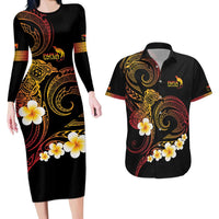 Personalised Papua New Guinea Sepik Couples Matching Long Sleeve Bodycon Dress and Hawaiian Shirt Plumeria Floral Tribal Pattern - Polynesian Pride