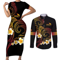 Personalised Papua New Guinea Sepik Couples Matching Short Sleeve Bodycon Dress and Long Sleeve Button Shirt Plumeria Floral Tribal Pattern - Polynesian Pride