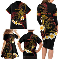Personalised Papua New Guinea Sepik Family Matching Long Sleeve Bodycon Dress and Hawaiian Shirt Plumeria Floral Tribal Pattern - Polynesian Pride