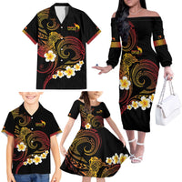 Personalised Papua New Guinea Sepik Family Matching Off The Shoulder Long Sleeve Dress and Hawaiian Shirt Plumeria Floral Tribal Pattern - Polynesian Pride