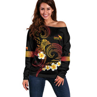Personalised Papua New Guinea Sepik Off Shoulder Sweater Plumeria Floral Tribal Pattern - Polynesian Pride