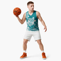 Polynesian Plumeria Flowers Tribal Basketball Jersey Pacific Tattoo Teal Style LT9 - Polynesian Pride