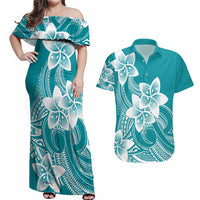 Polynesian Plumeria Flowers Tribal Couples Matching Off Shoulder Maxi Dress and Hawaiian Shirt Pacific Tattoo Teal Style - Polynesian Pride