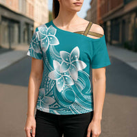 Polynesian Plumeria Flowers Tribal Cross Shoulder Shirt Pacific Tattoo Teal Style LT9 - Polynesian Pride