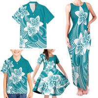 Polynesian Plumeria Flowers Tribal Family Matching Tank Maxi Dress and Hawaiian Shirt Pacific Tattoo Teal Style - Polynesian Pride