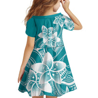 Polynesian Plumeria Flowers Tribal Kid Short Sleeve Dress Pacific Tattoo Teal Style - Polynesian Pride