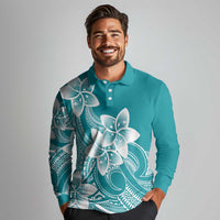Polynesian Plumeria Flowers Tribal Long Sleeve Polo Shirt Pacific Tattoo Teal Style LT9 - Polynesian Pride