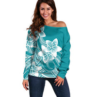 Polynesian Plumeria Flowers Tribal Off Shoulder Sweater Pacific Tattoo Teal Style - Polynesian Pride