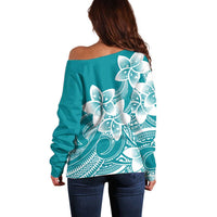 Polynesian Plumeria Flowers Tribal Off Shoulder Sweater Pacific Tattoo Teal Style - Polynesian Pride