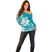 Polynesian Plumeria Flowers Tribal Off Shoulder Sweater Pacific Tattoo Teal Style - Polynesian Pride