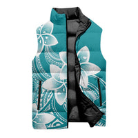 Polynesian Plumeria Flowers Tribal Sleeveless Puffer Jacket Pacific Tattoo Teal Style LT9 - Polynesian Pride