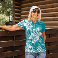 Polynesian Plumeria Flowers Tribal Women Polo Shirt Pacific Tattoo Teal Style - Polynesian Pride